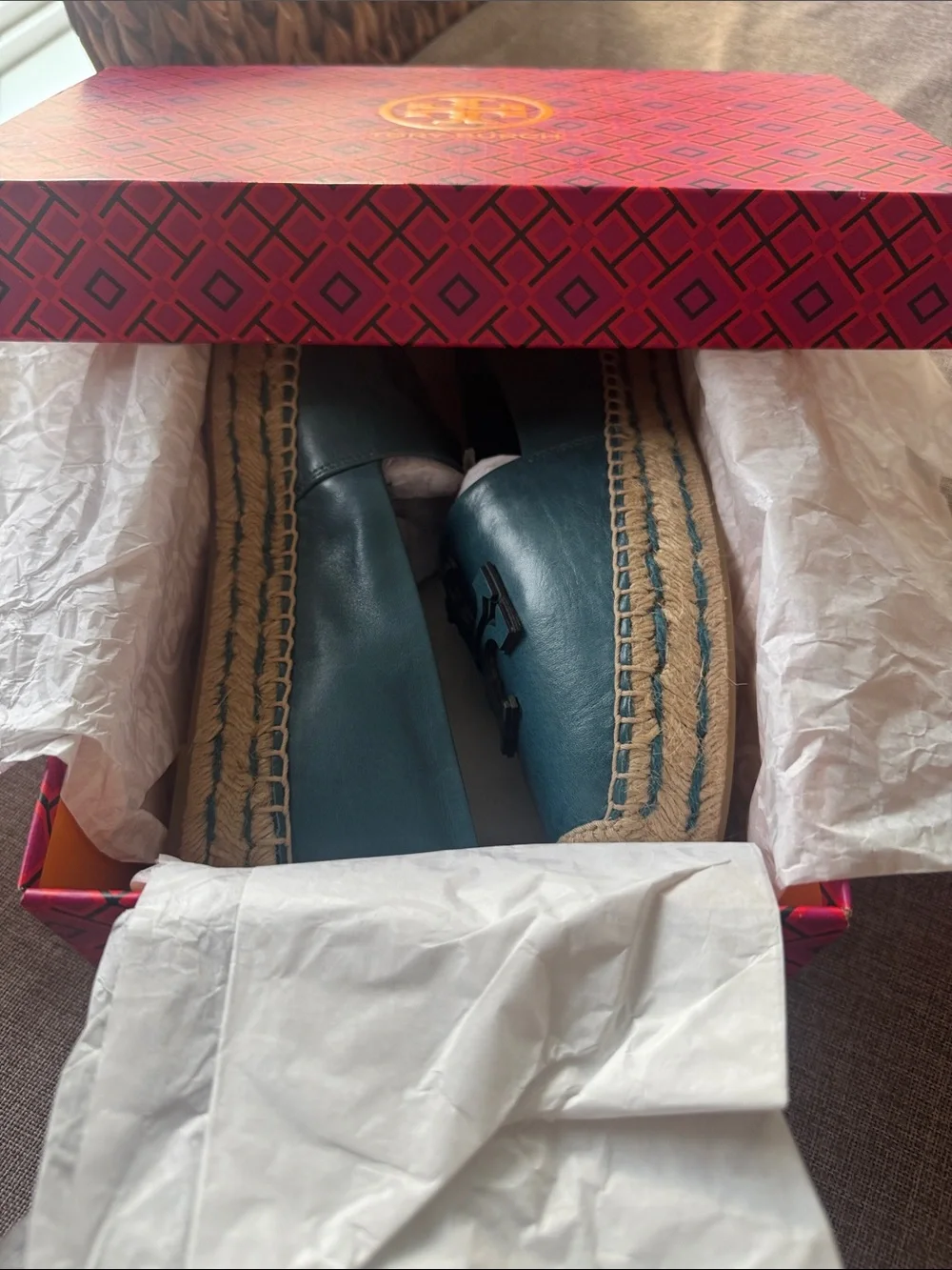 NWB Tory Burch Brisk Blue Ines Platform Leather Espadrille Goat Leather Sz 8